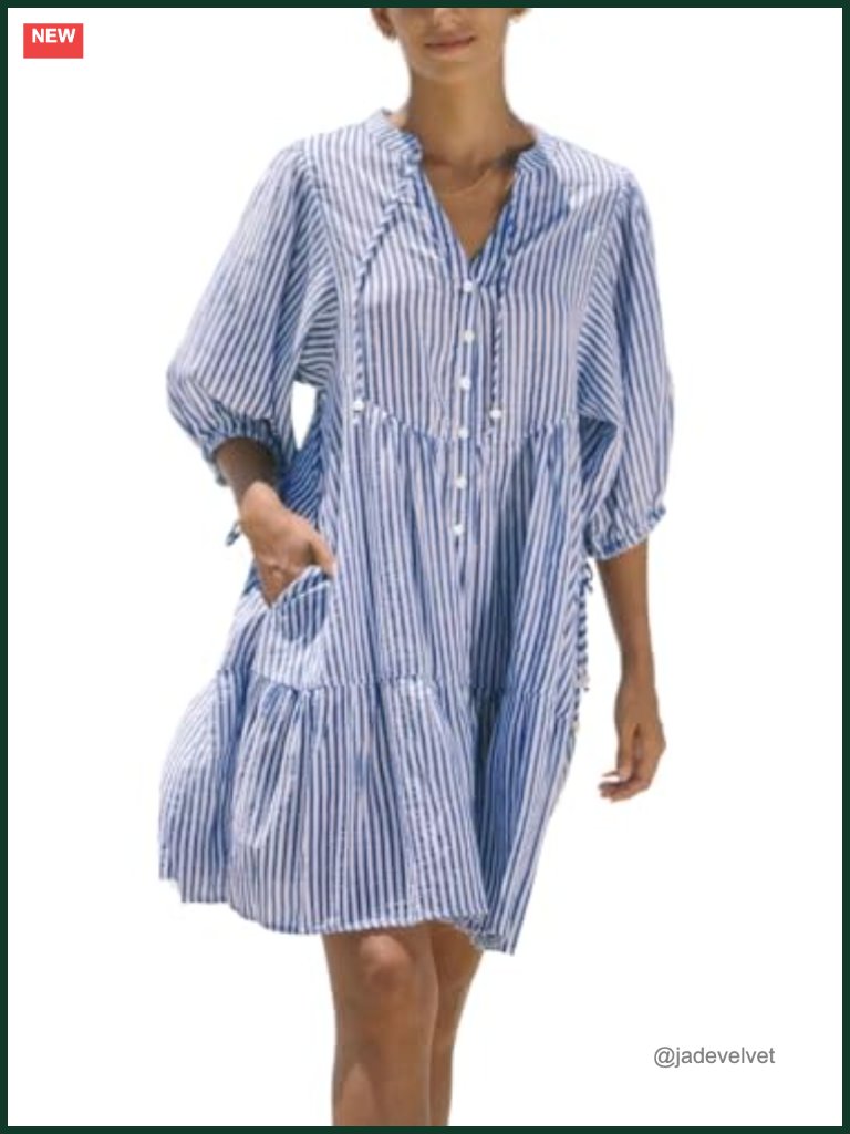Women's Midi Stripe Tiered Boho Shirt Dress Cotton Pockets